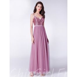 Robe Demoiselle d'honneur Longue Paillette Tulle Vieux Rose Avec Bretelle