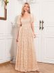 Robe De Ceremonie Chic Longue Manche Papillon Fleurie Dentelle Champagne