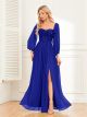 Robe De Soirée Décolleté Coeur Manche Longue Bleu Roi Mousseline Paillette Fendue Sur Le Coté