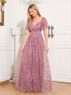 Robe De Soirée Longue Manche Papillon Vieux Rose Fleurie Dentelle