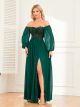 Robe De Soirée épaules dénudées Manche Longue Vert Foncé Mousseline Paillette Fendue