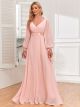 Robe De Soirée Simple Longue Elegante Manche Longue Mousseline Rose Col V