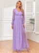 Robe De Soirée Violet Clair Manche Longue Col V Tulle Brillante